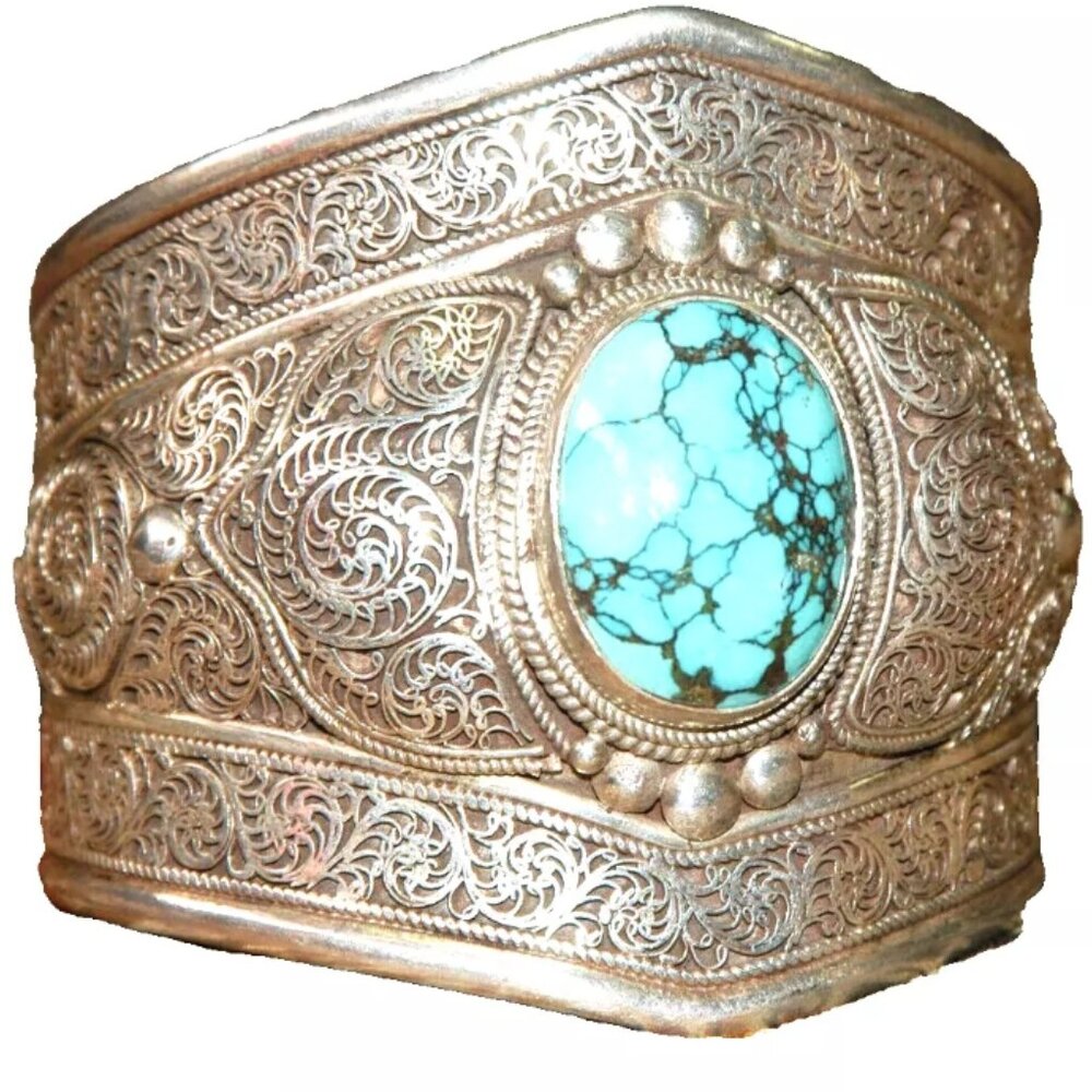 925 Handmade Cuff Bracelet With Turquoise Blue Cabachon Statement Piece Sz M
